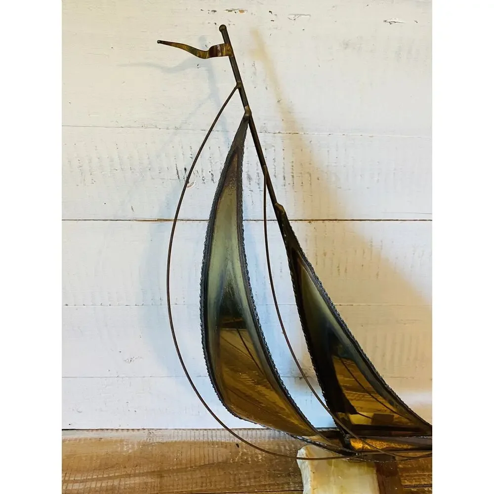 Vintage Mid Century Brass Sailboat Sculpture Stone Base Signed 15.25